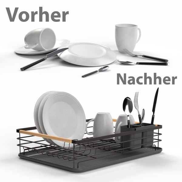 Vorher und nachher: Geschirr vor und nach dem Abwasch, Geschirrständer aus Metall mit Holzgriffen
