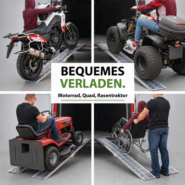 Vier Anwendungsbeispiele für Auffahrrampen aus Metall zum Verladen von Motorrad, Quad, Rasentraktor und Rollstuhl in ein Fahrzeug.