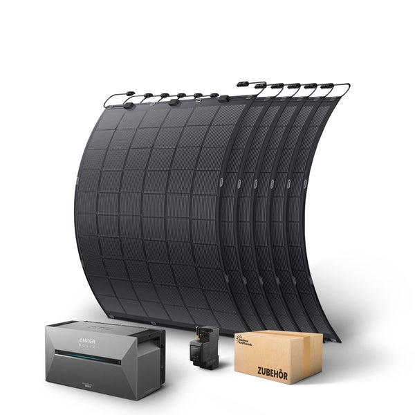 Anker SOLIX Balkonkraftwerk Set mit flexiblen Solarpanels, Solarbank 2 Pro Speicher, Smart Meter und Zubehör.