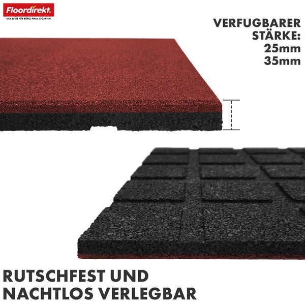 Detailansicht einer roten und schwarzen Gummimatte von Floordirekt mit einer verfügbaren Stärke von 25 Millimeter und 35 Millimeter, rutschfest und nahtlos verlegbar.