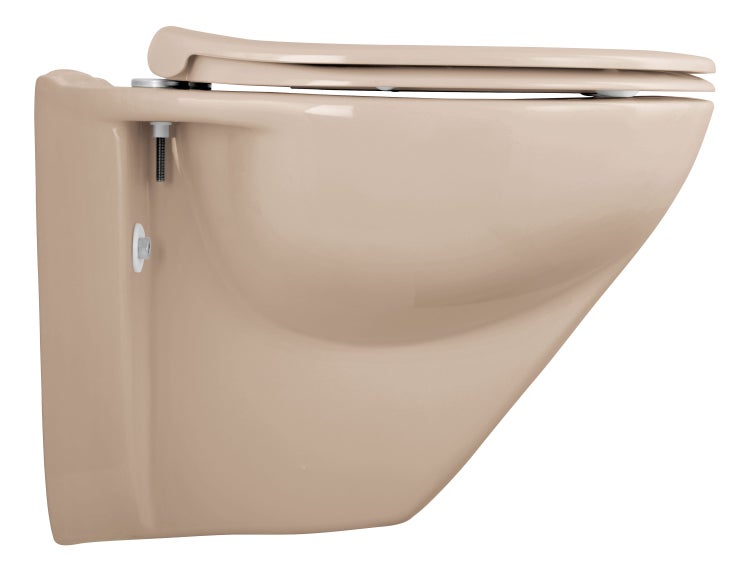 Beige Wandtoilette mit montiertem Toilettendeckel