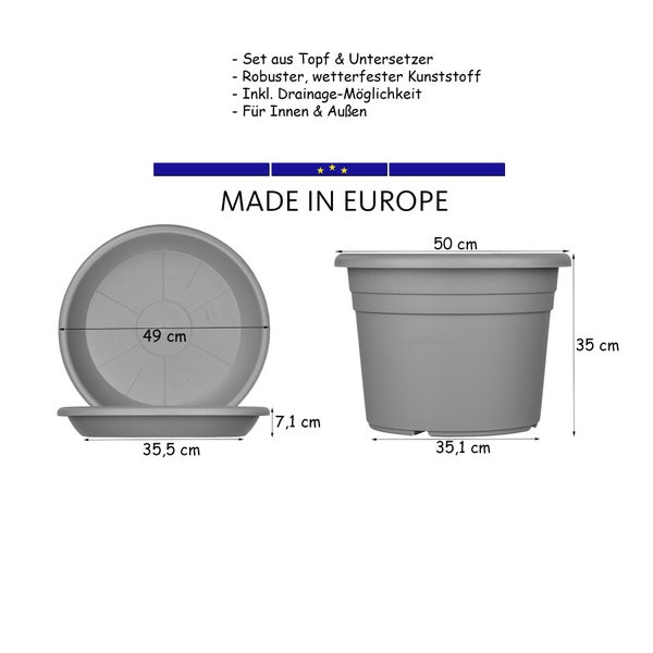3x Blumentopf Ø 50 cm Farbe Anthrazit & Untersetzer Kunststoff Pflanztopf Containertopf Übertopf Pflanzkübel rund 50 x 35 cm Blumentöpfe