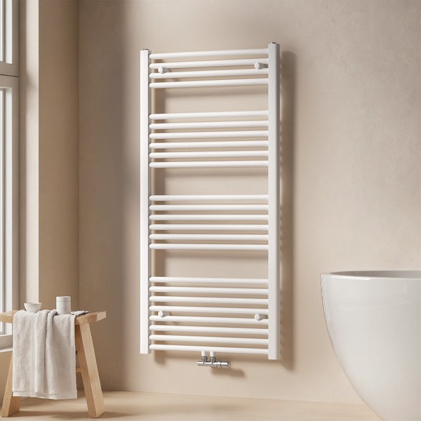 EMKE Badheizkörper Handtuchheizkörper 120x60 cm, Wasserbetrieb, Mittelanschluss, 598W, Rundrohr-Design, Weiß, für Badezimmer