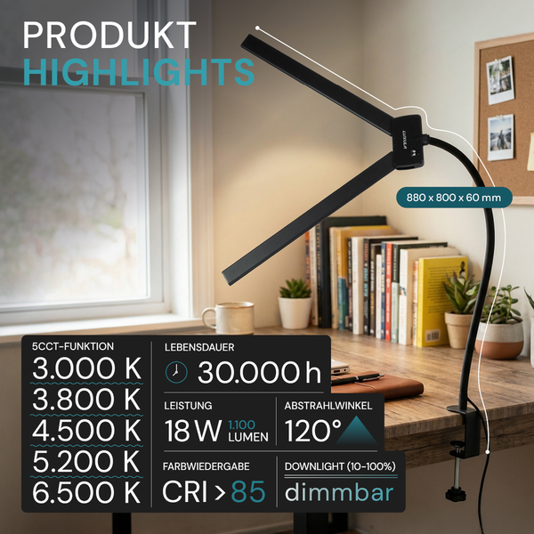 Schwarze LED-Schreibtischlampe mit Klemmfuß und zwei Armen. Highlights: 18 Watt, 1100 Lumen, dimmbar und fünf Farbtemperaturen von 3000 bis 6500 Kelvin.