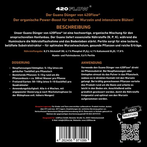 420Flow Guano Dünger Datenblatt mit Produktbeschreibung, Dosierung, Anwendung, Inhaltsstoffen, Barcode und QR Code für Videoanleitung.