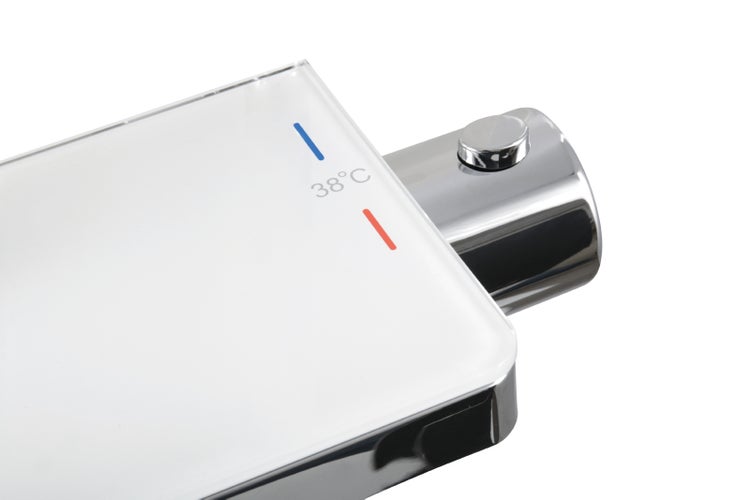 aquaSu® Duschsystem Oblivio mit Thermostat-Armatur | Handbrause: 3-strahlig | Kopfbrause: 1-strahlig | integrierte Ablage | Antikalk | rund | höhenverstellbar | Kleben oder Bohren | Chrom | 723442