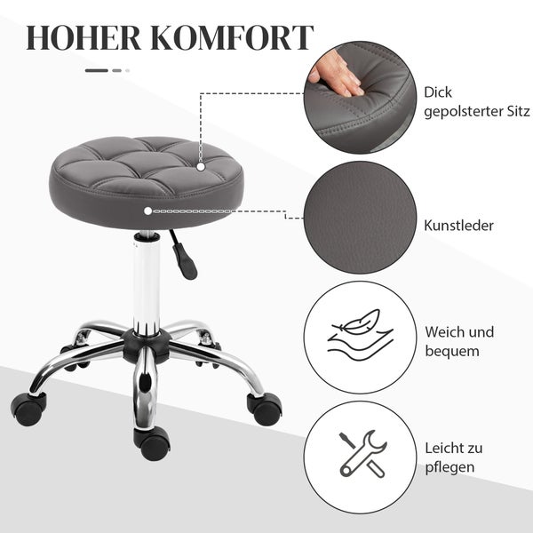 HOMCOM 2er-Set Rollhocker höhenverstellbar Drehhocker drehbar Arbeitshocker mit Rädern Salon Hocker für Wohnzimmer, Büro, Kunstleder, Ø35,5 x 63 cm, Grau