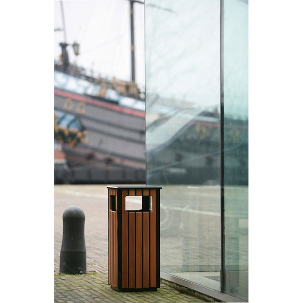 PROREGAL Eckiger Abfallbehälter Aus Metall In Holzoptik Für den Außenberreich 36 Liter HxBxT 81 x 35 x 35 cm Holzoptik Abdeckung Schwarz
