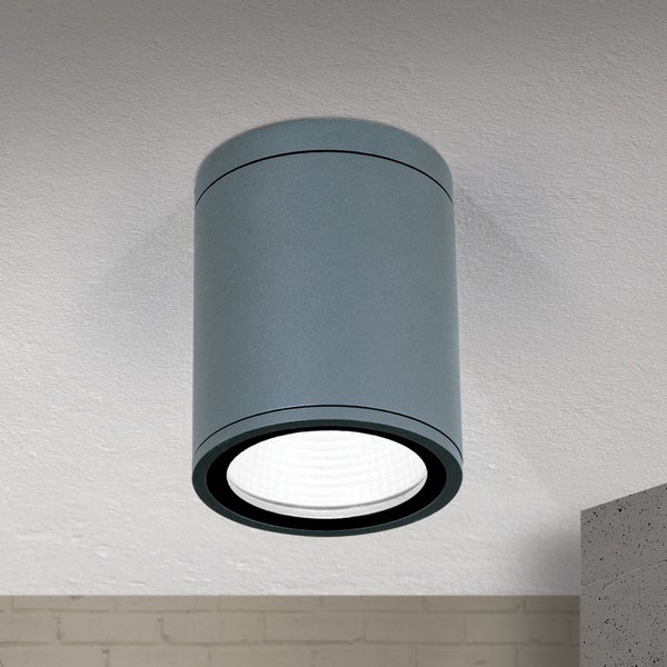 Zylindrische LED-Deckenleuchte in Anthrazit zur Aufbaumontage an der Decke.
