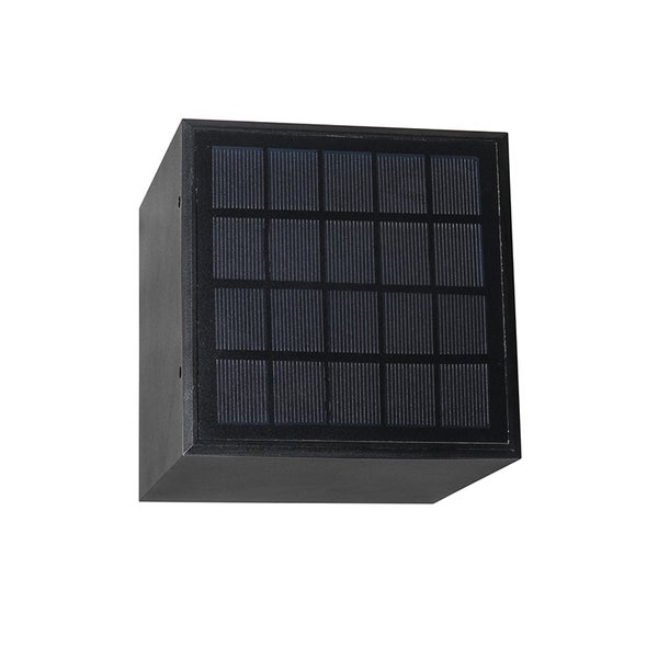 Quadratische Solar-Außenwandleuchte in Schwarz mit integriertem Solarpanel.