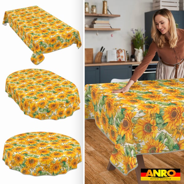 Abwaschbare Tischdecke mit Sonnenblumen-Motiv in rechteckiger, ovaler und runder Form sowie eine Frau, die die Decke auf einen Tisch legt. ANRO Logo.