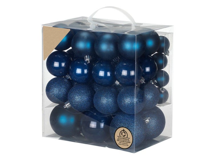 Set mit Christbaumkugeln in verschiedenen Oberflächenausführungen in transparenter Kunststoffbox mit Tragegriff