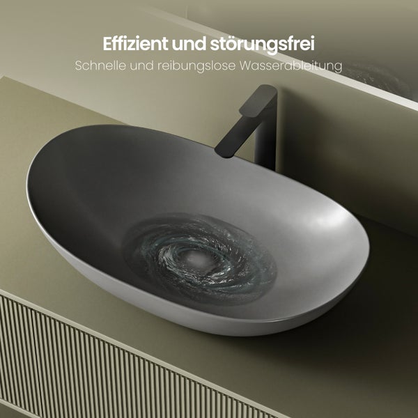 EMKE Waschbecken 615×360 mm, Ovales Aufsatzwaschbecken ohne Hahnloch, Keramik, Matt Dunkelgrau, Höhe: 155mm, Modernes Design, Kratzfest, Fleckenresistent, Pflegeleicht