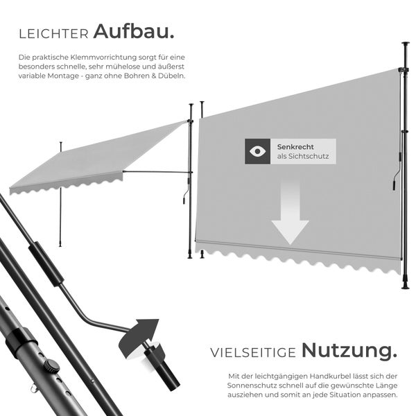 Klemmmarkise ohne Bohren, nutzbar als Sonnenschutz oder senkrechter Sichtschutz, Montage per Klemmvorrichtung und Handkurbel.