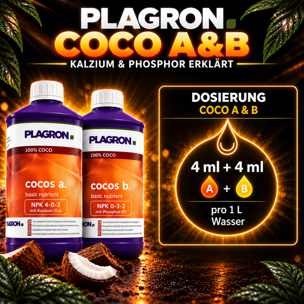 Plagron Coco A und B Basisnährstoff für Pflanzen mit Dosierungshinweis von 4 Milliliter pro Liter Wasser für das Wachstum und die Blüte.