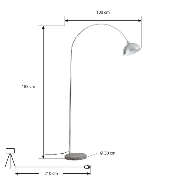 Abbildung einer Stehlampe mit den Maßangaben Höhe 185 cm, Ausladung 100 cm, Kabellänge 210 cm und Durchmesser Fuß 30 cm.