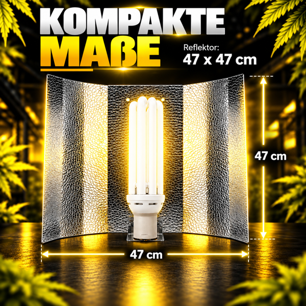 Pflanzenlampe mit Hammerschlag Reflektor für die Pflanzenzucht mit den Abmessungen 47 mal 47 Zentimeter.