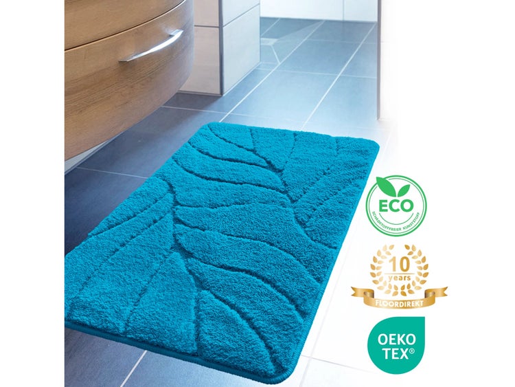 FLOORDIREKT Badematte Maris - Flauschiger Badvorleger mit Blattstruktur - Türkis - 80 x 150 cm