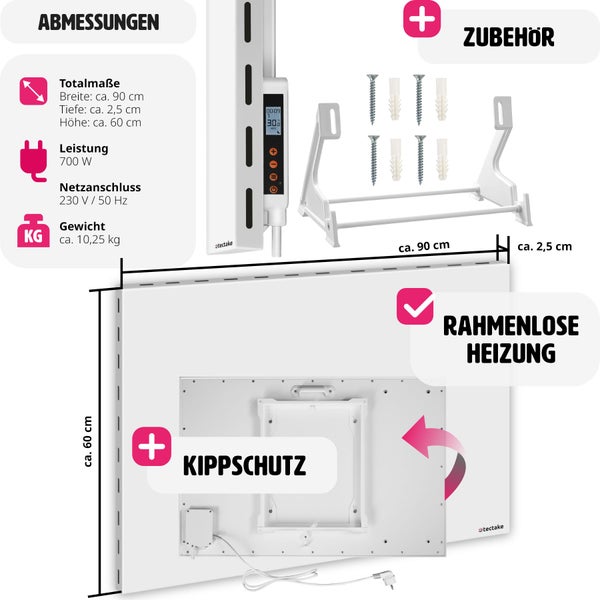Produktinformationen zur rahmenlosen Heizung mit Zubehör und Kippschutz