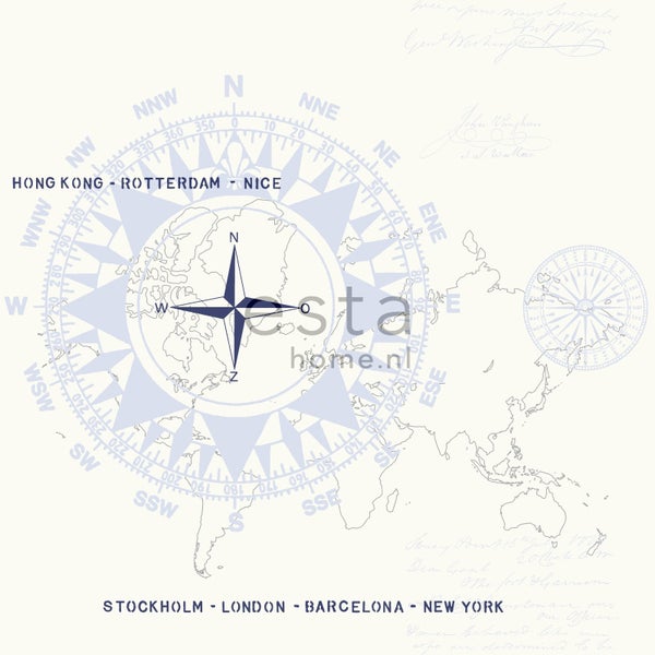 Weltkarte mit Kompassrose und Städtenamen