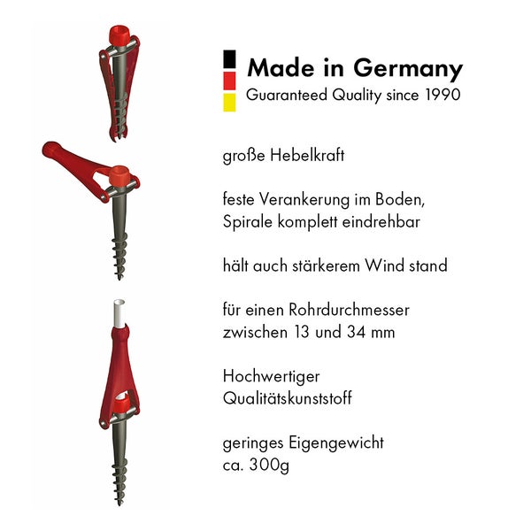 Bodendübel aus Kunststoff für Sonnenschirme, Made in Germany, hohe Hebelkraft, für Rohrdurchmesser 13 bis 34 Millimeter, windstabil.