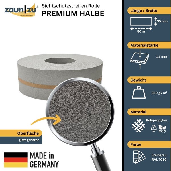 Zaunblickdichtungsstreifen Rolle Premium Halbe aus Polypropylen, 50 m lang, 95 mm breit, Farbe Steingrau
