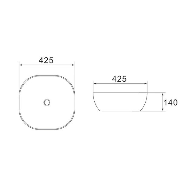 Technische Zeichnung eines Aufsatzwaschbeckens mit den Maßen 425 x 425 x 140 Millimeter.