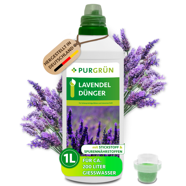 Purgrün Lavendel Dünger in einer 1 Liter Flasche mit Verschlusskappe für 200 Liter Gießwasser, hergestellt in Deutschland.
