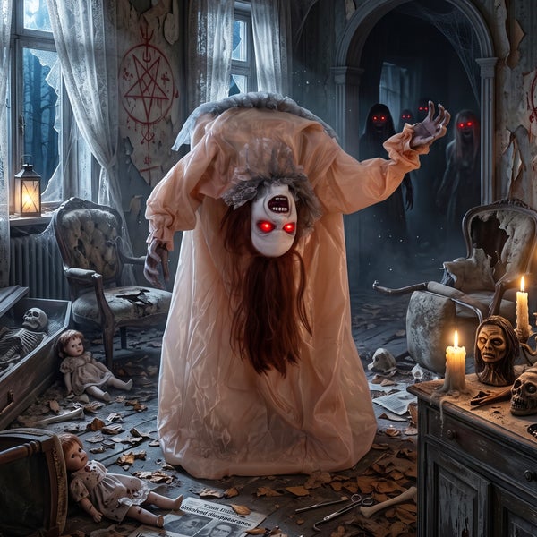 Halloween Dekofigur einer gruseligen kopfüber stehenden Gestalt in einem Spukhaus mit Puppen und Kerzen.