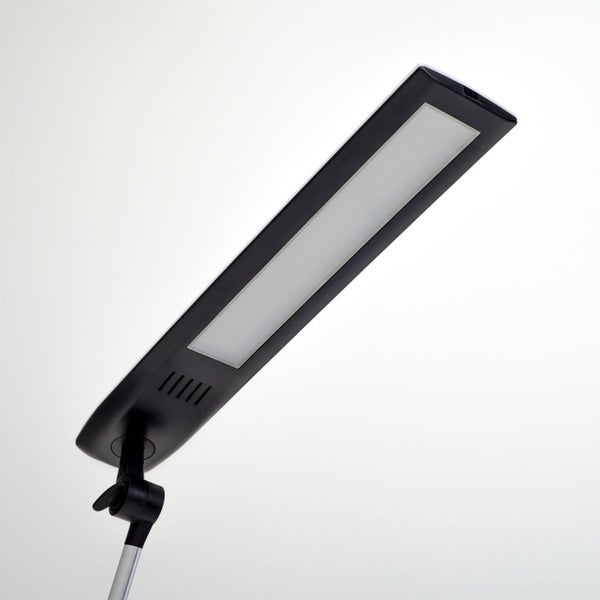 Schwarze LED-Schreibtischlampe mit schmalem, rechteckigem Kopf und weißem Diffusor.