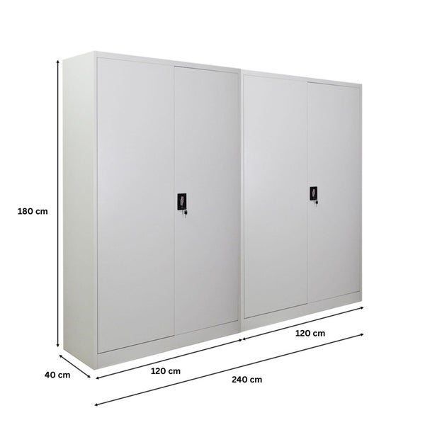 Abbildung von zwei Aktenschränken aus Stahl mit einer Höhe von 180 cm, einer Breite von 120 cm und einer Tiefe von 40 cm.