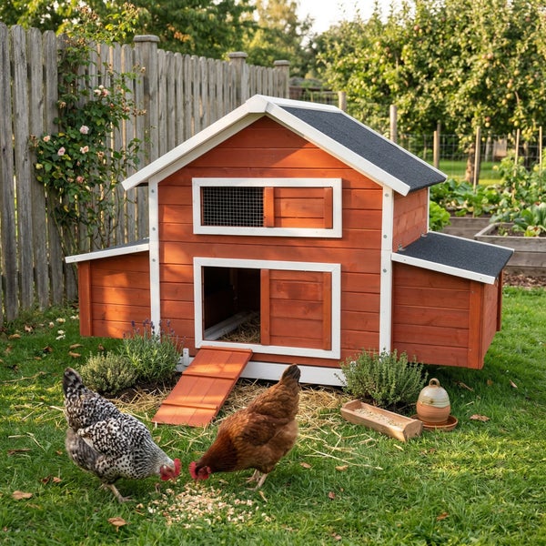 Hühnerstall aus Holz in Rotbraun mit weißem Rahmen in einem hellen Garten mit Zaun, zwei Hühner picken auf dem Rasen vor dem Stall.
