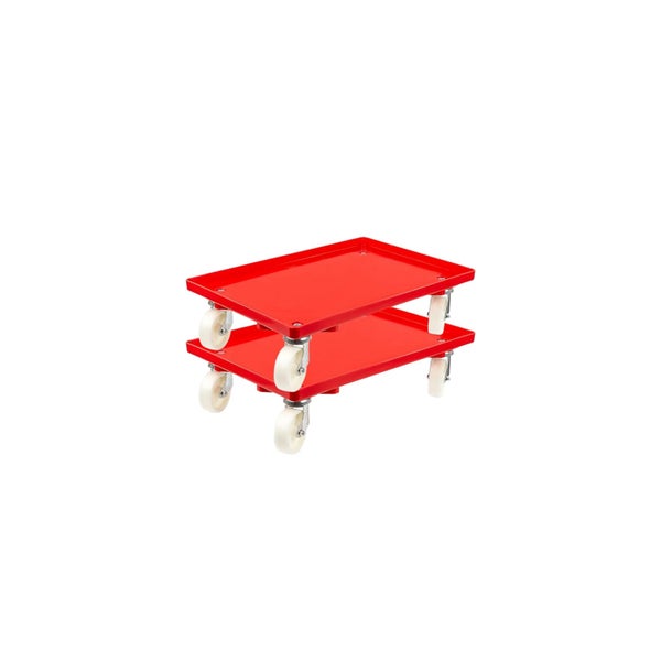 PROREGAL SparSet 2x Transportroller für Euroboxen 60 x 40 cm mit Kunststoffräder Rot Geschlossenes Deck 2 Lenkrollen und 2 Bremsrollen 300 kg
