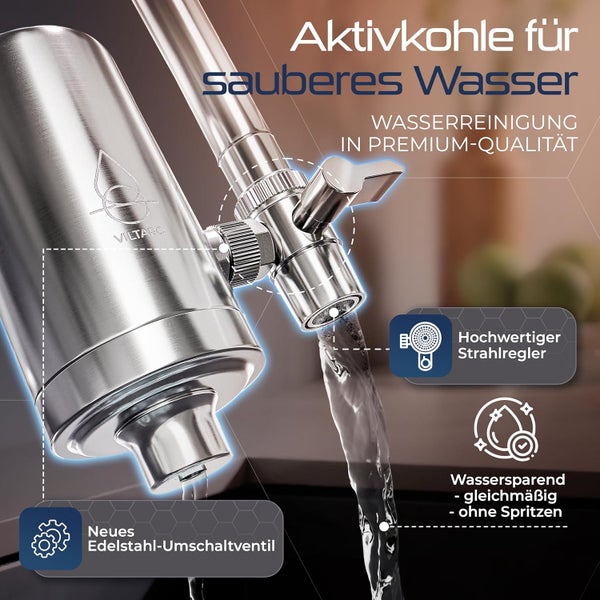 Viltaro Aktivkohle-Wasserfilter aus Edelstahl am Wasserhahn mit Strahlregler und Umschaltventil für sauberes und gefiltertes Wasser.