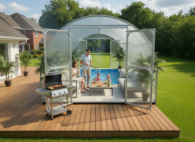 Familie beim Grillen neben einem Pool mit Poolüberdachung auf einer Holzterrasse im Garten.