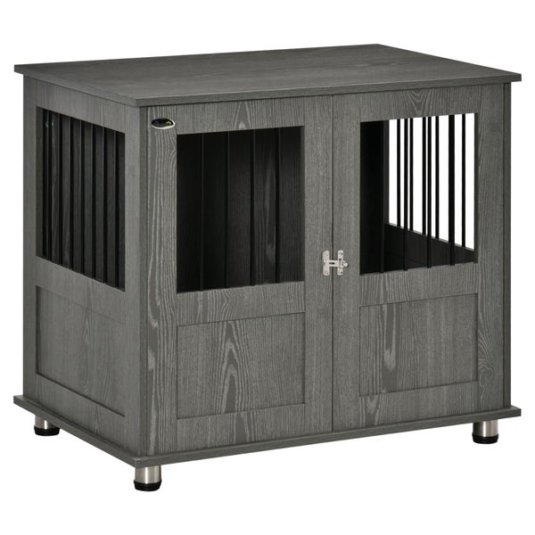 PawHut Hundekäfig für Zuhause, Haustierkäfig, Hundehütte Indoor mit Schloss, Magnettür, Hundehaus mit Fenster, Hundebox für klein und mittelgroße Hunde, Grau, 85 x 55 x 87 cm