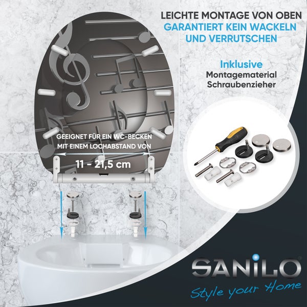 Toilettensitz mit Noten-Design, Montage von oben, inklusive Montagematerial und Schraubendreher, Lochabstand 11 bis 21,5 Zentimeter, Sanilo Logo.