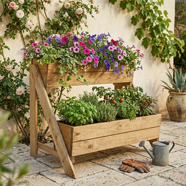 Zweistufiger Pflanzkasten aus Holz auf einer Terrasse, bepflanzt mit Blumen und Kräutern wie Basilikum und Tomaten.