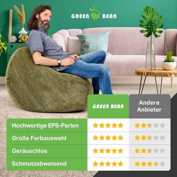 Green Bean Indoor Sitzsack 90x110cm EPS-Perlen Füllung & Cordstoff Kuschelig Weich Waschbar - Drinnen Bodenkissen Liegekissen Sitzkissen Sitzhocker Relax-Sessel Kinder Erwachsene Stoff Grün