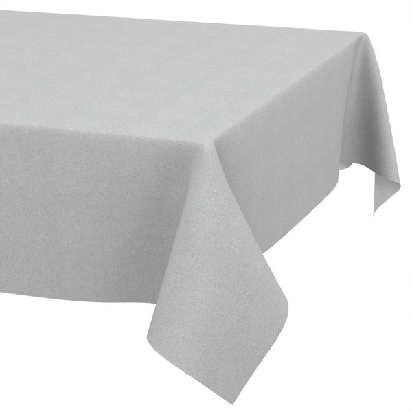 Rechteckige gewebte Tischdecke aus grauem Stoff.