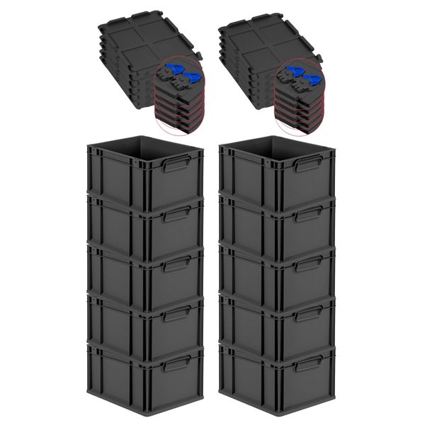 PROREGAL SuperSparSet 10x Eurobox NextGen Grip mit Scharnierdeckel und blauen Schiebeschnappverschlüssen, HxBxT 22x30x40cm, 20 Liter, Schwarz, Griffe geschlossen, Eurobehälter, Transportbox, Transportbehälter, Stapelbehälter
