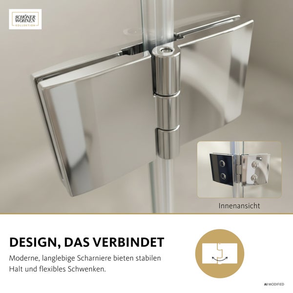 Schöner Wohnen Kollektion Duschgelenkscharnier aus Metall für Glasduschkabinen mit Innenansicht und Darstellung der Schwenkfunktion