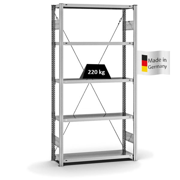 PROREGAL Fachbodenregal Stecksystem T-Profil Medium-Duty Grundregal HxBxT 200 x 100 x 30 cm 5 Ebenen Fachlast 220 kg Einseitig Nutzbar Verzinkt