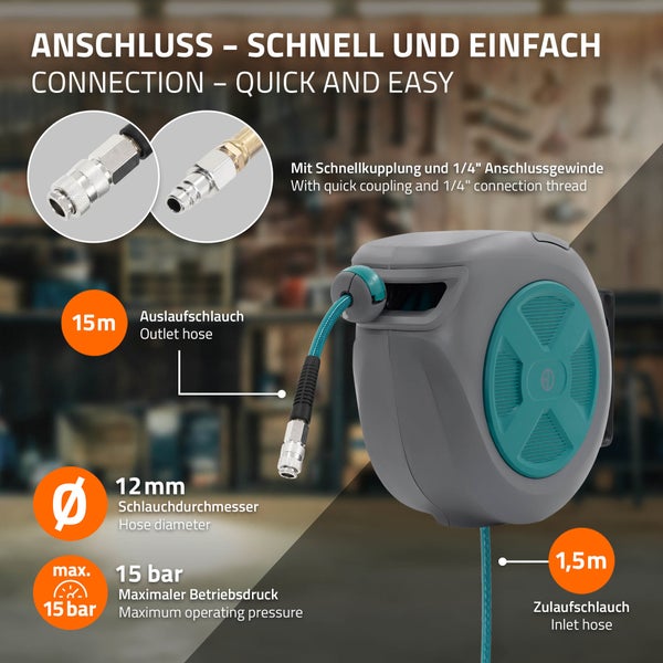 Automatische Druckluftschlauchaufroller mit 15 Meter Schlauch, 12 Millimeter Durchmesser und 15 Bar Betriebsdruck inklusive Schnellkupplung.