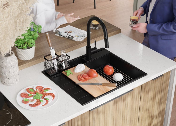 PRIMAGRAN Granitspüle Schwarz 62x53cm, Spülbecken 1 Becken + Küchenarmatur 32x20cm + Ablauf-Set + Küchenzubehörset, Küchenspüle ab 45er Unterschrank - Sydney Pocket