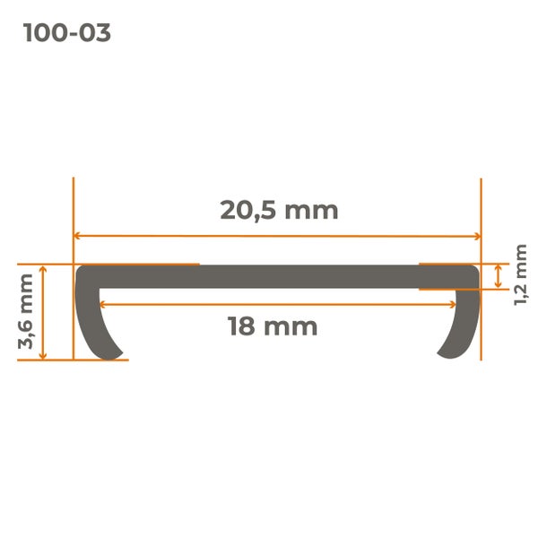 Technische Zeichnung eines U-Profils mit Maßen von 20,5 Millimeter Breite und 3,6 Millimeter Höhe.