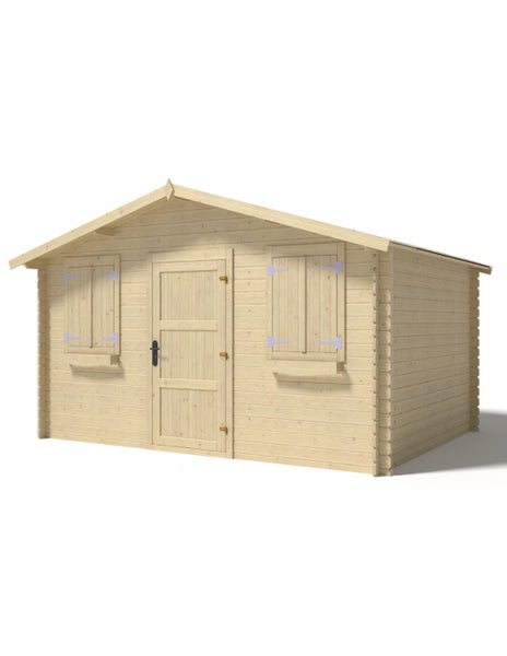 Gartenhaus aus Holz mit Einzeltür und zwei Fenstern mit Fensterläden