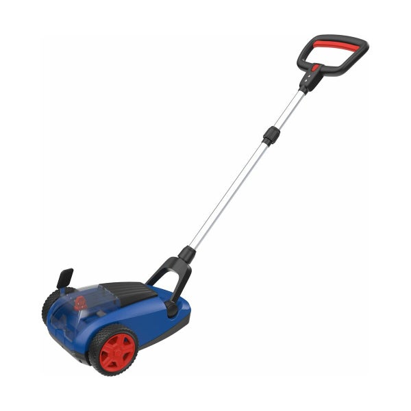 Blauer Elektro-Rasenlüfter mit silbernem Teleskopstiel, schwarzem Handgriff und roten Rädern.