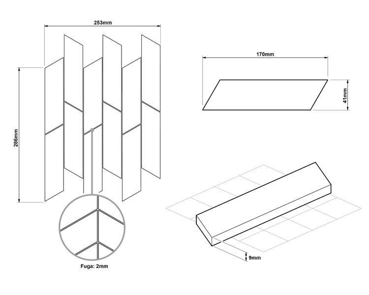 Technische Zeichnung Mosaikfliese: Blatt 253 mal 286 Millimeter, Einzelstein 170 mal 41 mal 9 Millimeter, Fuge 2 Millimeter.
