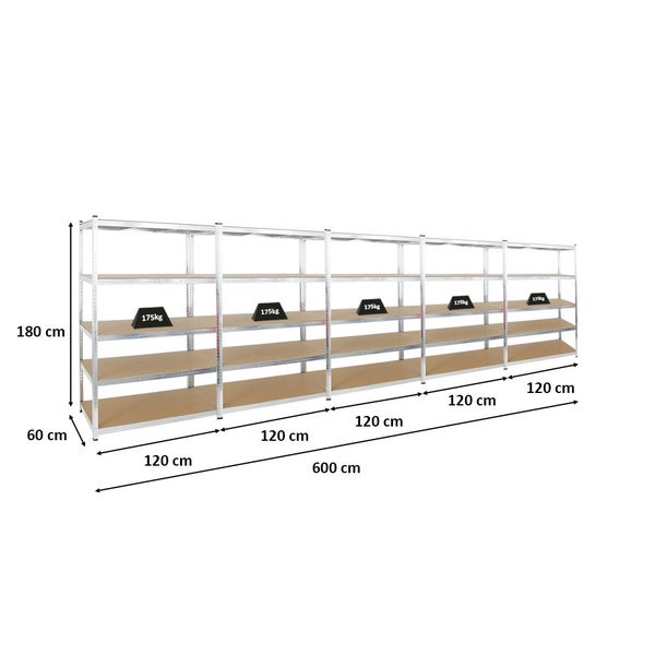 PROREGAL Mega Deal 5x Schwerlastregal Ragnar HxBxT 180 x 120 x 60 cm Fachlast 175 kg Verzinkt